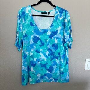 Blue & Teal Abstract Print Scoop Neck Women’s Top